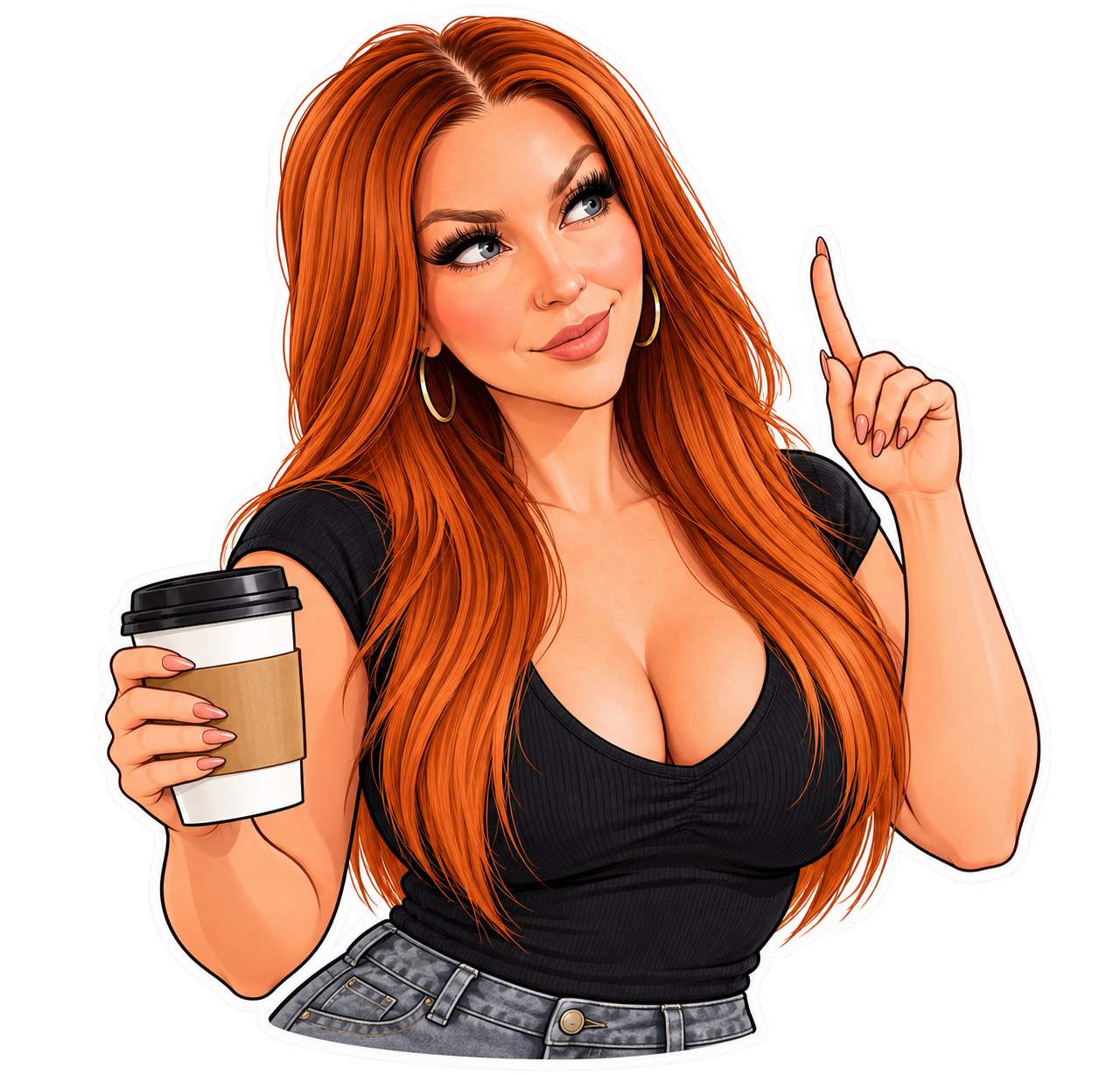 Cartoon Chelo with copper hair, black shirt, and coffee